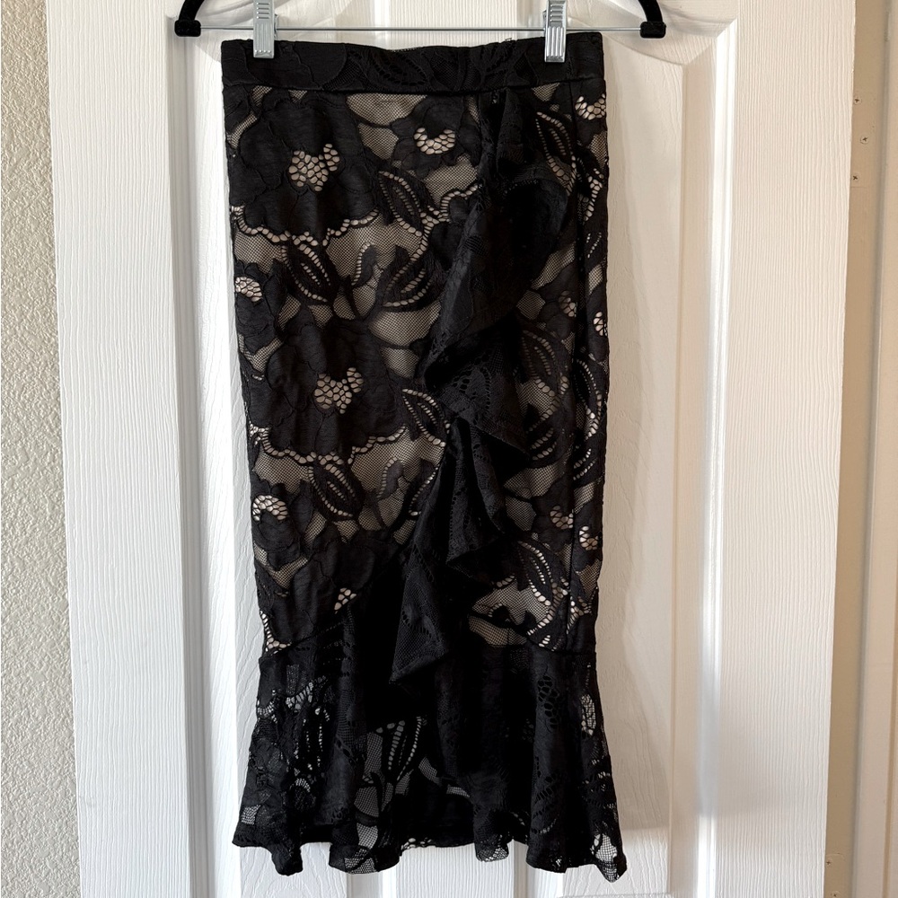 Black Lace Ruffle Bodycon Midi Skirt